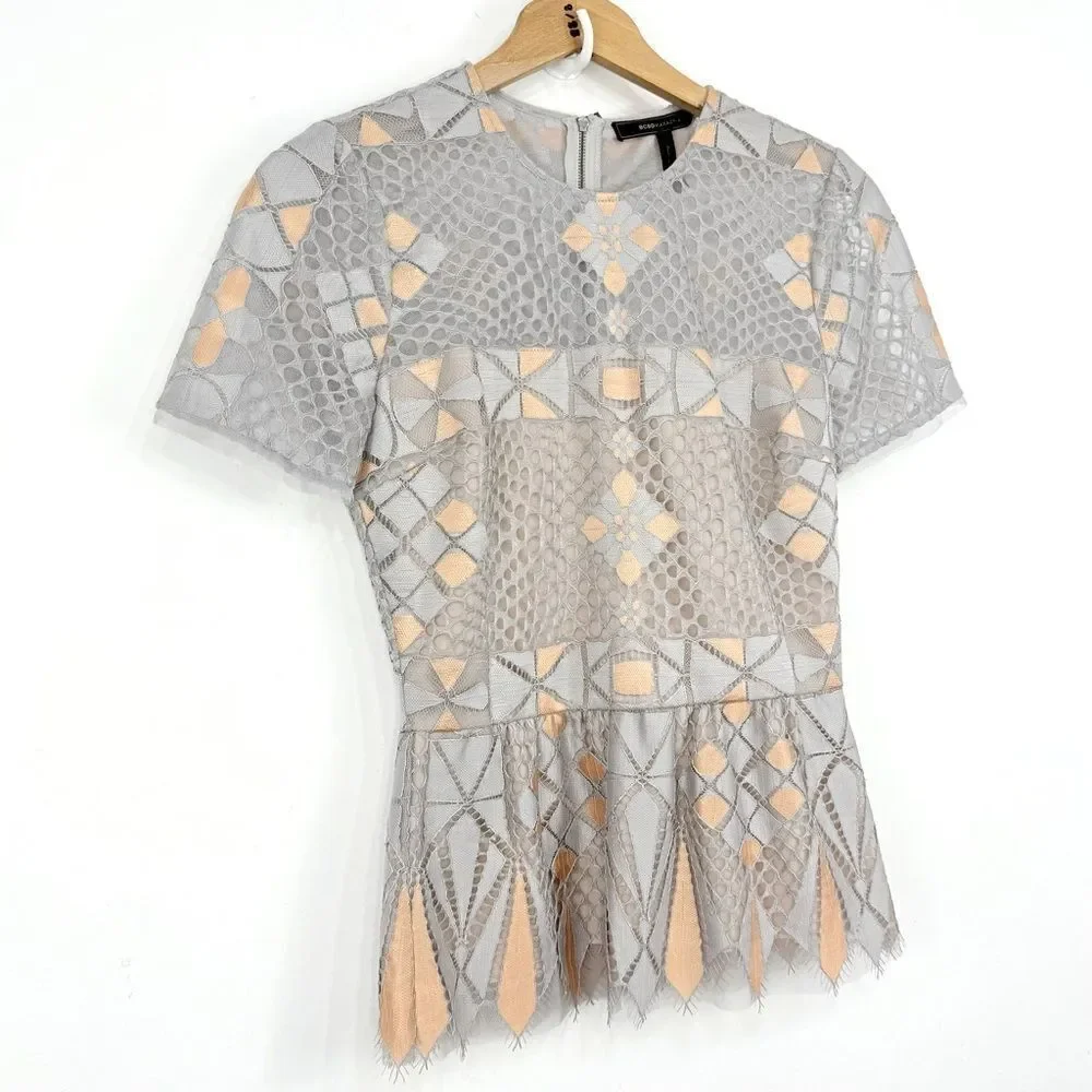 BCBGMAXAZRIA Light Dusk Contemporary Geometric Lace Mesh Overlay Peplum Blouse